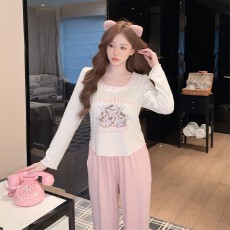 批发<b class='q'>睡衣</b>女春秋<b class='q'>莫代尔</b>棉天使猫咪印花舒适长袖长裤套装胸棉家居服