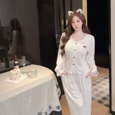 批发<b class='q'>睡衣</b>女春秋<b class='q'>莫代尔</b>棉刺绣草莓波点蕾丝长袖长裤可外穿家居服加胸棉