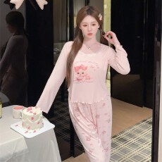 批发<b class='q'>睡衣</b>女夏细螺纹<b class='q'>莫代尔</b>棉粉色猫咪印花舒适长袖长裤套装胸棉家居服