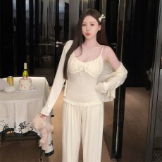 批发睡衣女新冬季莫代尔棉纯色舒适可外穿长袖长裤吊带三件套<b class='q'>家居服</b>