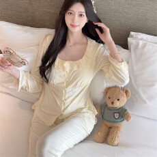 批发<b class='q'>睡衣</b>女春夏秋<b class='q'>莫代尔</b>棉蕾丝舒适圆领长袖长裤套装加胸棉家居服