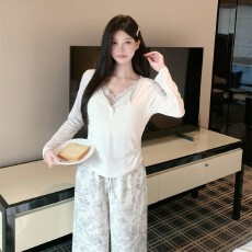 批发睡衣女春秋莫代尔棉蕾丝复古花印花舒适长袖长裤套装胸棉家居服