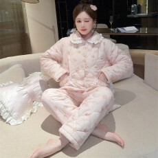 批发睡衣女冬长袖纯色保暖三层夹棉加厚中国风小碎花长裤套装<b class='q'>家居服</b>