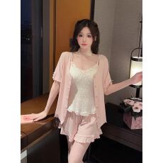 批发睡衣女夏季碎花<b class='q'>莫代尔</b>舒适短袖短裤三件套吊带加胸棉纯欲家居服