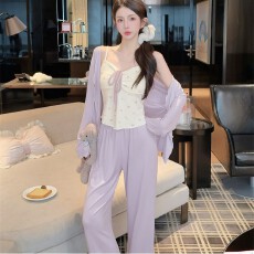 批发睡衣女新春秋季<b class='q'>莫代尔</b>棉紫蝶舒适长袖长裤吊带三件套加胸棉家居服