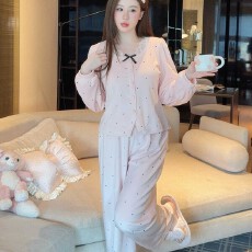 批发睡衣女春秋冬海岛绒超柔珍珠波点长袖<b class='q'>长裤</b>套装可外穿家居服加胸棉