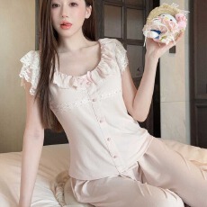 睡衣女春夏莫代尔甜心公主风舒适蕾丝短袖长裤套装加胸棉家居服