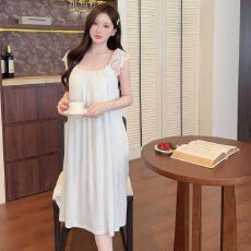 批发睡裙女<b class='q'>夏</b>季莫代尔蕾丝舒适甜美风短袖长睡裙胸棉家居服
