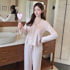 批发<b class='q'>睡衣</b>女春秋莫代尔棉纯色性感舒适短袖长裤套装胸棉家居服