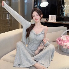 批发<b class='q'>睡衣</b>女春秋莫代尔棉可外穿纯色长袖吊带长裤三件套加胸棉家居服