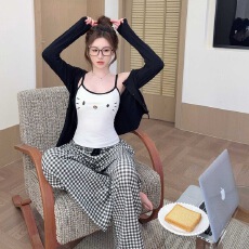 批发睡衣女春秋莫代尔棉蓝色<b class='q'>格子</b>猫印花舒适长袖长<b class='q'>裤</b>吊带胸垫家居服