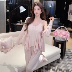批发<b class='q'>睡衣</b>女春秋莫代尔棉可外穿纯色长袖吊带长裤三件套加胸棉家居服