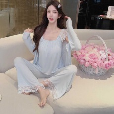 批发<b class='q'>睡衣</b>女春秋莫代尔棉可外穿纯色长袖吊带长裤三件套加胸棉家居服