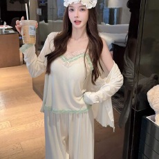 睡衣女春秋莫代尔棉蕾丝长裤长袖吊带胸垫宫廷风三件套家居服