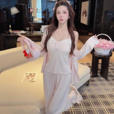 春秋莫代尔韩版纯欲吊带长裤三件套蕾丝亲肤性感带胸垫家居服套装