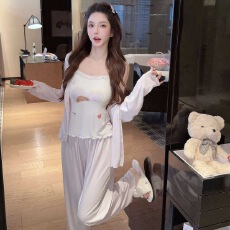睡衣女春秋莫代尔棉可外穿纯色长袖吊带长裤三件套加胸棉家居服