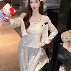 莫代尔棉蝴蝶结樱桃印花可爱温柔睡衣女春秋胸垫家居服三件套外穿