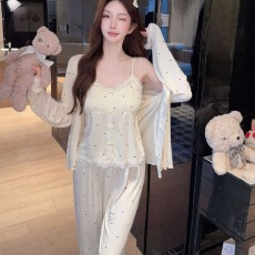 睡衣女春秋莫代尔棉波点纯色舒适长袖长裤吊带胸垫三件套家居服