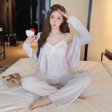 睡衣女春秋莫代尔棉纯色舒适可外穿长袖长裤吊带胸垫三件套家居服