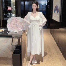 批发睡衣女碧洛网纱莫代尔长袖外批吊带裙胸垫长裙两件套家居服加胸棉