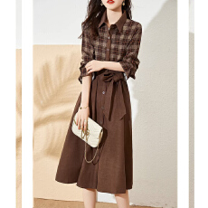 批发英伦风格子<b class='q'>衬衫</b>连衣裙女士秋季2025年新款气质收腰显瘦中长款裙子