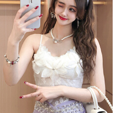 批发吊带背心带胸垫一体式立体花朵镶钻重工纯手工蕾丝美背百搭甜美夏