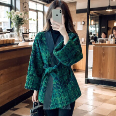 批发小香风斗篷外套女春秋大码小个子微胖妹妹V领系带高级感毛呢大衣