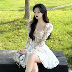 批发法式温柔风超好看收腰蓬蓬连衣裙小众减龄漂亮蕾丝小裙子2025秋季