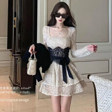 批发法式纯欲蕾丝长袖连衣裙女秋季气质名媛绑带收腰显绝美瘦A字短裙