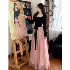 批发法式2025秋冬新款优雅气质系带收腰显瘦针织拼接玻璃纱加绒连衣裙