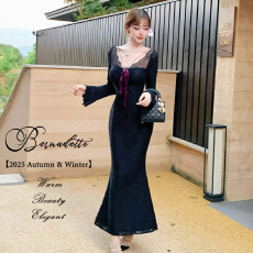 批发纯欲甜美<b class='q'>性感</b>蕾丝V领长袖<b class='q'>连衣裙</b>蝴蝶结高腰气质修身显瘦包臀长裙