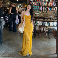 批发法式性感网纱拼接鱼骨抹胸<b class='q'>吊带</b><b class='q'>连衣裙</b>女旅游度假风礼服裙开叉长裙