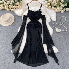 批发高级低胸花瓣领晚礼服长裙性感<b class='q'>名媛</b>收腰网纱褶皱飘带袖显瘦<b class='q'>连衣裙</b>