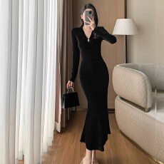 批发2026新款时尚名媛气质高级感连衣裙女长袖v领扭结设计包臀长裙潮