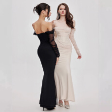 批发高端性感气质连衣裙女新款网纱吊带露肩长袖显瘦聚会礼服鱼尾<b class='q'>长裙</b>