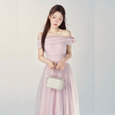 批发一字肩连衣裙女夏性感网纱初恋约会仙女裙绝美温柔风掐腰订婚礼服