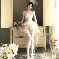 批发性感辣妹抹胸背心女2026夏季收腰网纱<b class='q'>不规则</b>网纱拖尾<b class='q'>半身裙</b>两件套