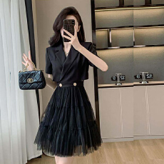 批发2026夏季新款时尚<b class='q'>修身</b>减龄显瘦拼接网纱气质收腰<b class='q'>西装</b>连衣裙A字裙