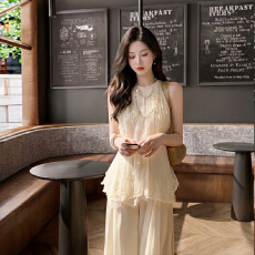 批发法式温柔风挂脖无袖背心半身裙套装女夏季洋气圆领松弛风女装套装