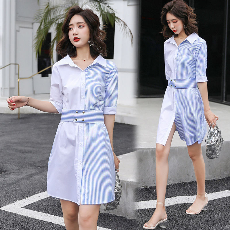 RY4649# 2026春夏新款韩版修身V领条纹衬衣连衣裙女中长款撞色拼接...