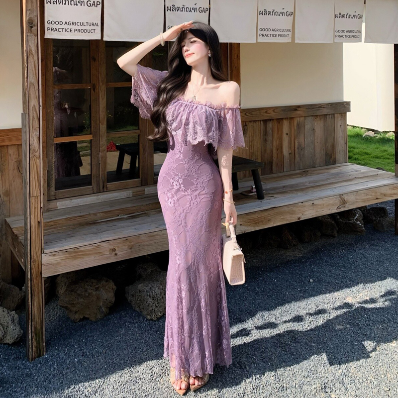 气质轻奢优雅富家千金蕾丝一字肩连衣裙子包臀裙夏季新款女装 服裝批發女裝批發服飾貨源