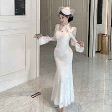 批发法式温柔风超好看蕾丝喇叭袖修身包臀长<b class='q'>裙</b><b class='q'>甜美</b>公主生日<b class='q'>礼服</b>连衣<b class='q'>裙</b>