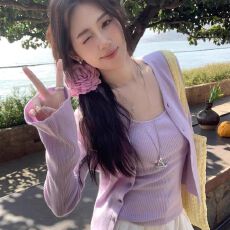 批发香芋紫甜美v领长袖开衫女温风套装吊带<b class='q'>背心</b>上<b class='q'>两件套</b>