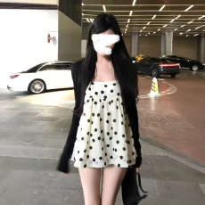 批发纯欲感波点裙套装春夏季新款薄款黑色开衫吊带裙两件百搭