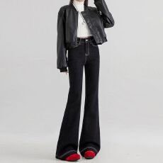 批发高腰刺绣黑色微喇叭<b class='q'>牛仔裤</b>女春夏大码弹力胖mm<b class='q'>显瘦</b>直筒马蹄拖地裤