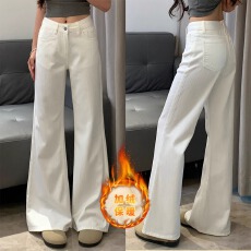 批发加绒加厚辣妹纯色<b class='q'>高腰</b>牛仔微喇裤女秋冬性感垂感显瘦马蹄长裤子