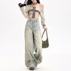 批发复古水洗做旧泼墨<b class='q'>牛仔裤</b>男女潮牌美式街头情侣宽松休闲裤