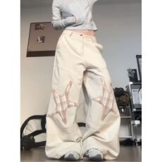 批发春季款破洞<b class='q'>蕾丝拼接</b>直筒白色牛仔裤休闲小众设计感阔腿长裤