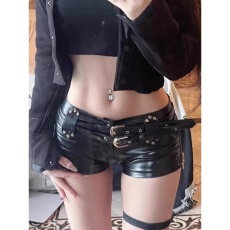 批发美式辣妹柳钉PU皮黑色超短裤女夏季低腰弹力紧身性感a字提臀热裤