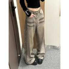 批发复古水洗做旧脏染<b class='q'>牛仔裤</b>女春季重工侧边烫钻设计感高腰阔腿拖地裤